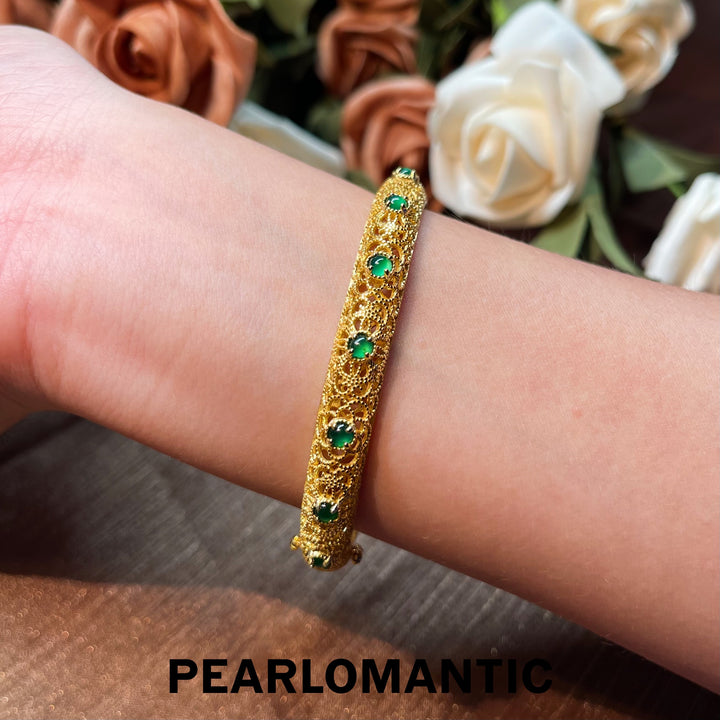 [Designer's Choice] S925 Silver Jade Blossom Filigree Gold Color Bracelet Bangle