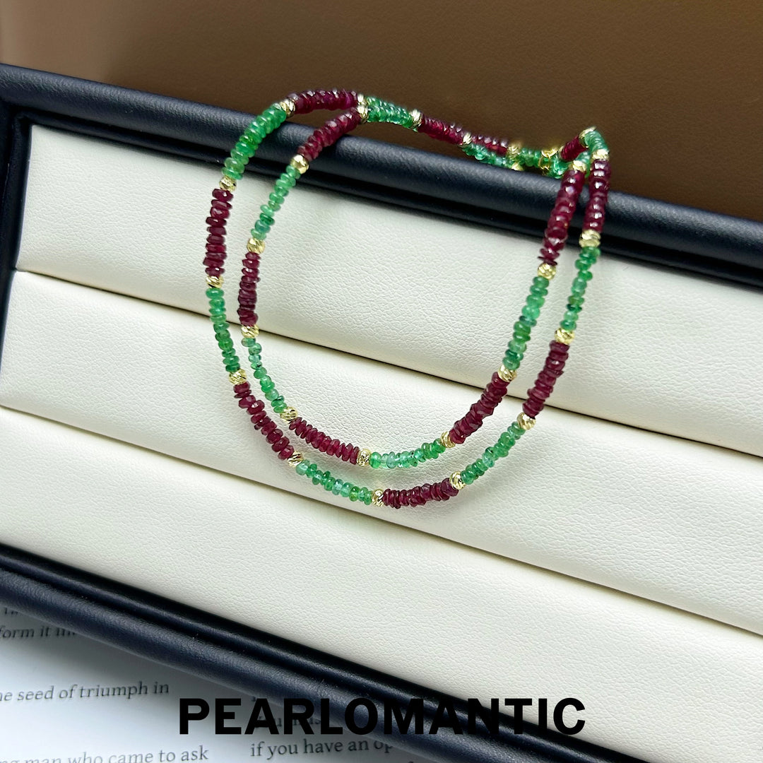 [Fine Jewelry] 2-3mm Emerald + Ruby + 14k Gold-Filled Spaced Necklace w/ 18k Gold Clasp