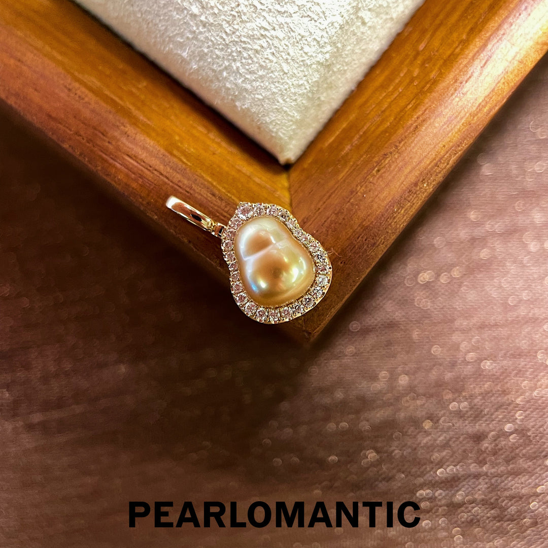 [Fine Jewelry] 18k Gold+Diamond+South Sea Golden Keshi Pearl Hulu Design Pendants w/ S925 Silver