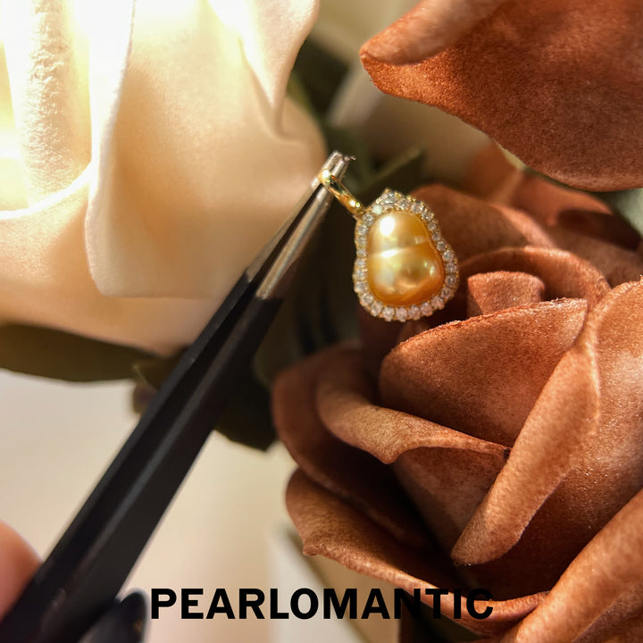 [Fine Jewelry] 18k Gold+Diamond+South Sea Golden Keshi Pearl Hulu Design Pendants w/ S925 Silver