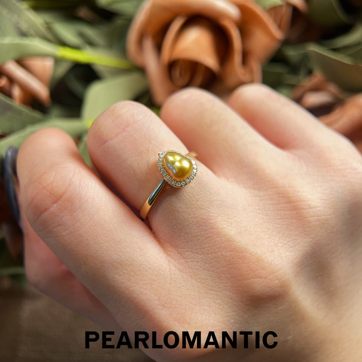 [Fine Jewelry] 18k Gold+Diamond+South Sea Golden Keshi Pearl Hulu Design Ring Size 6.5