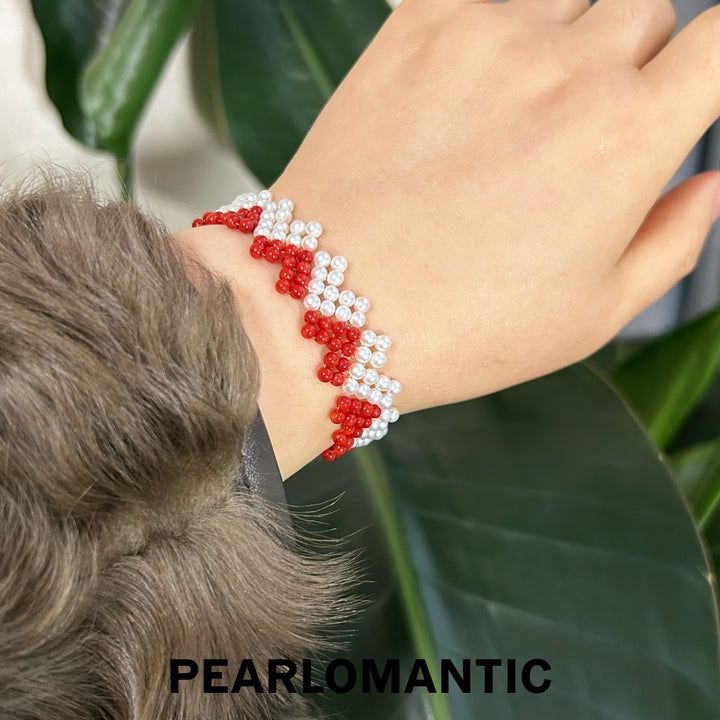 [Designer's Chioce] Freshwater Pearl & Red Coral Heart-Pattern S925 Silver Bracelets