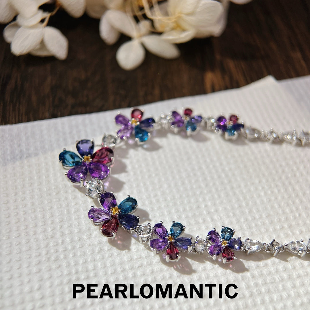 [Designer’s Choice] Rainbow Garden Natural Multi-Gemstone Floral Necklace in S925 Silver