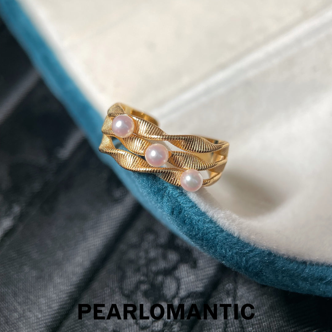 [618 Sale] 3–4mm 5A Akoya Pink Tone Triple Wave Ring w/ S925 Silver