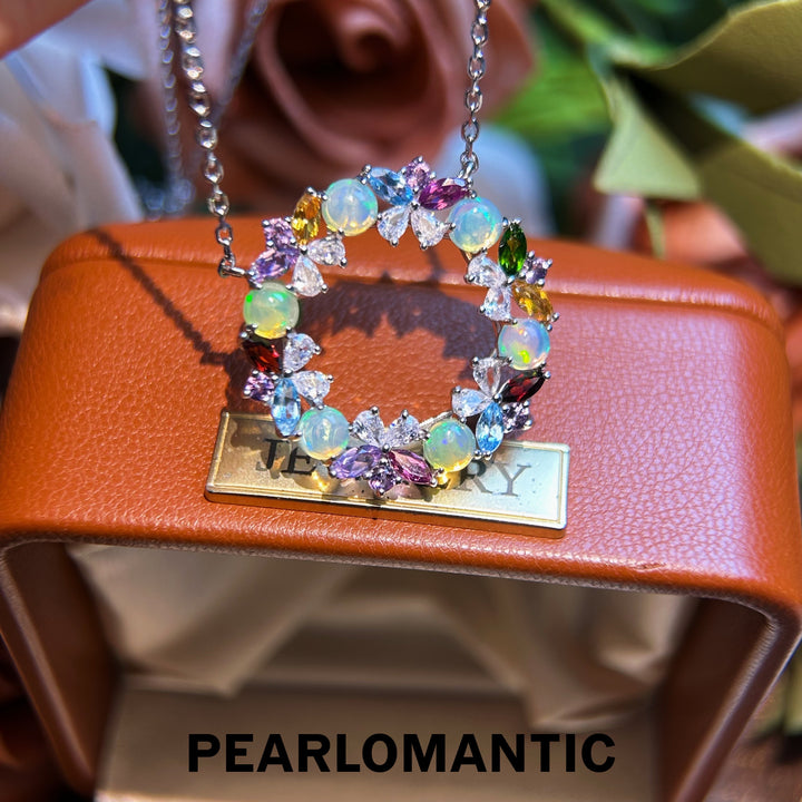 [Designer's Choice] Rainbow Gem Wreath Necklace: Opal, Garnet, Topaz, Diopside