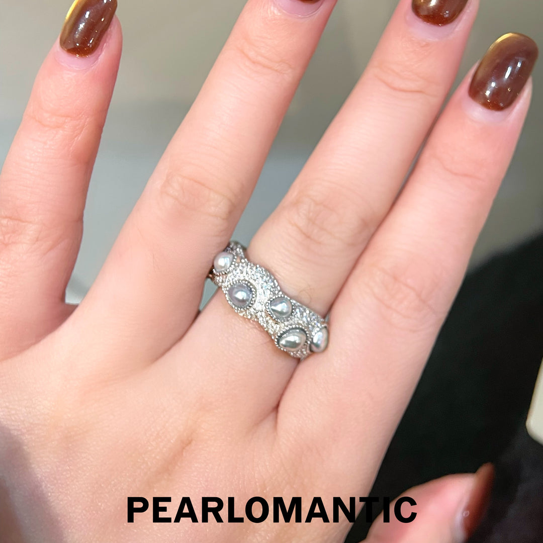 [Designer's Choice] Akoya Keshi Pearl Lustrous Pave-Set Textured S925 Adjustable Ring