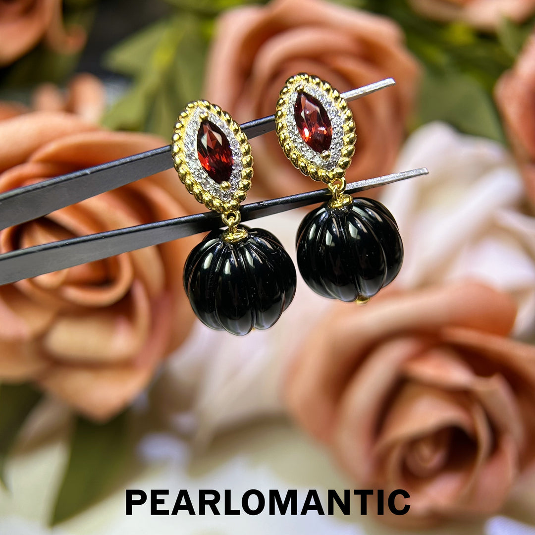 [618 Sale] Black Agate Pumpkin Cut Drop Earrings w/ S925 Silver