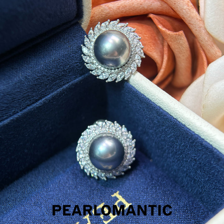 [Designer’s Choice] Moon Halo 10–11mm 4A Tahitian Pearl Platinum Gray S925 Gold-Plated Stud Earrings