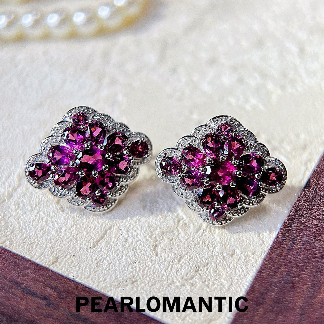 [Everyday Essnentials] Garnet Gem Floral Cluster S925 Silver Earring Studs