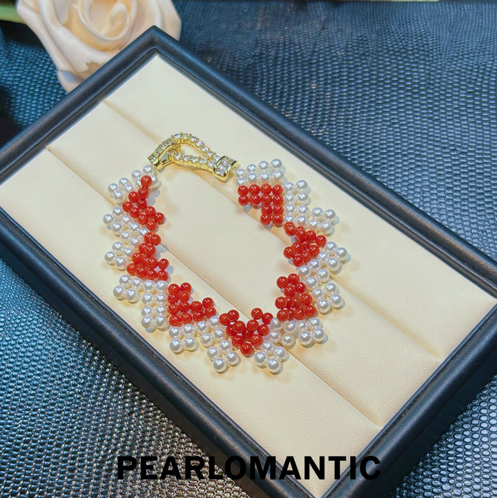 [Designer's Chioce] Freshwater Pearl & Red Coral Heart-Pattern S925 Silver Bracelets