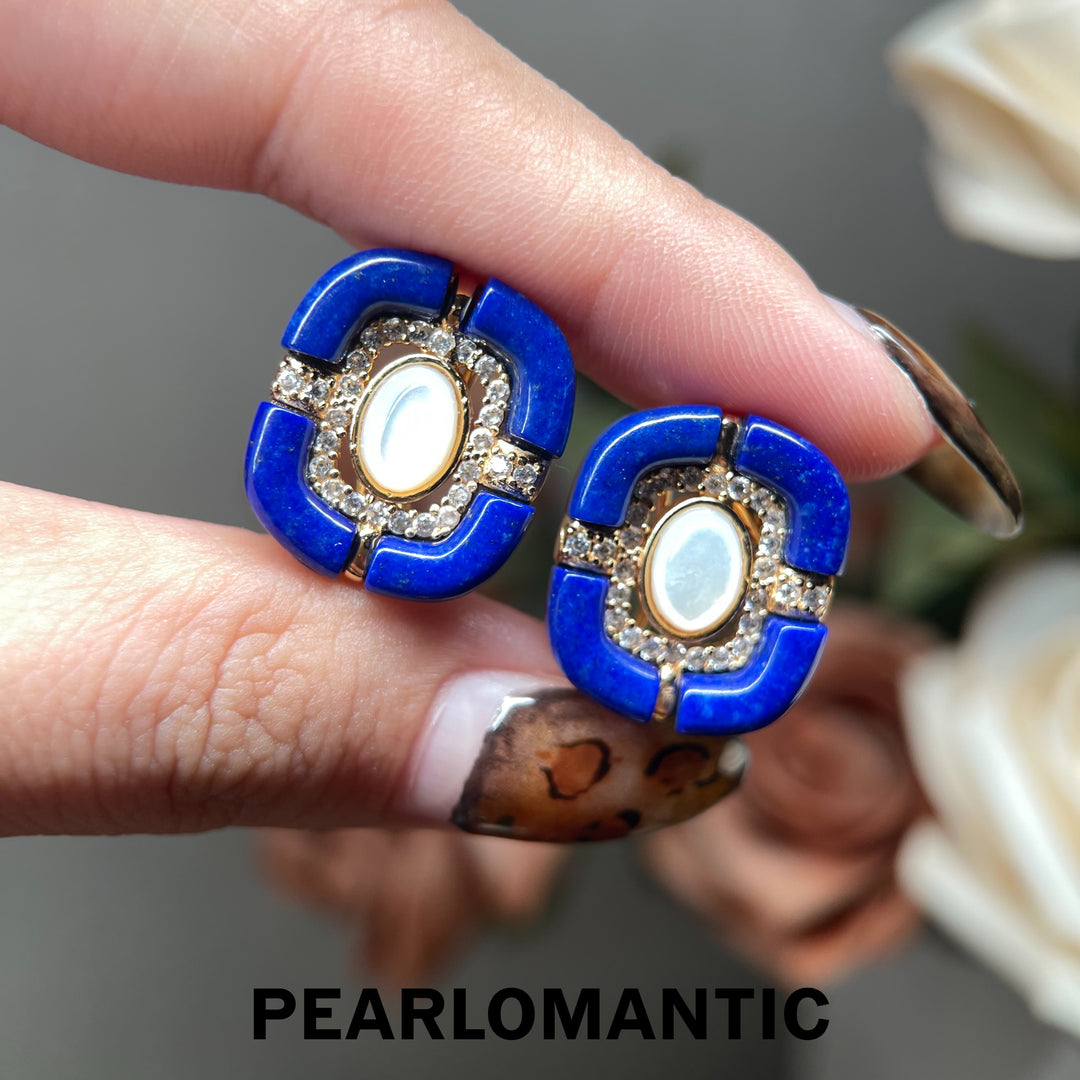 [618 Sale] Natural Lapis Lazuli Blue Frame MOP Stud Earrings w/ S925 Silver