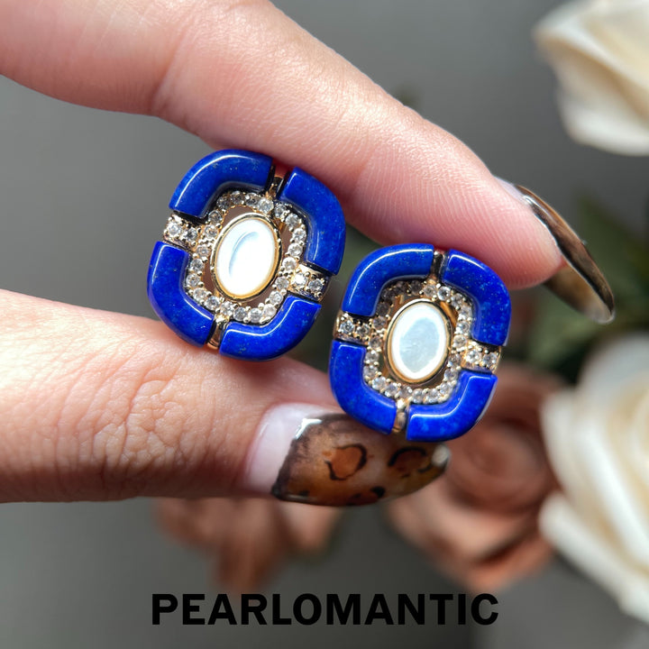 [618 Sale] Natural Lapis Lazuli Blue Frame MOP Stud Earrings w/ S925 Silver