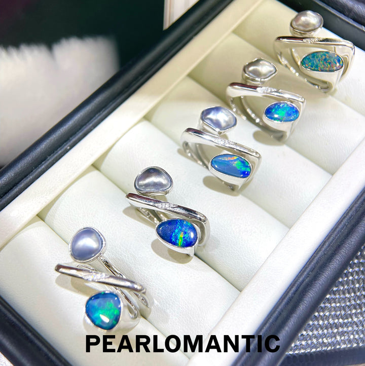 [Designer's Choice] Tahitian Keshi Pearl & Australian Opal Twisted Teardrop S925 Ring