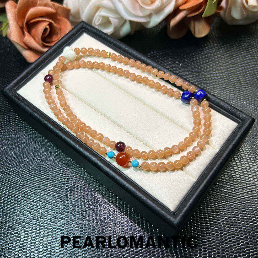 [Elección del diseñador] Pulsera multivuelta de ágata roja y cristal con brillo de atardecer único