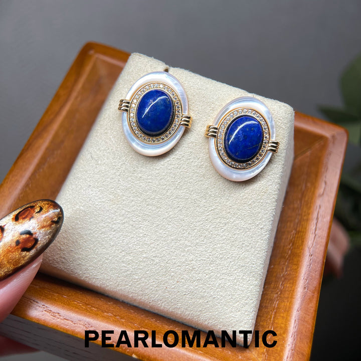 [618 Sale] Royal Blue Lapis MOP Oval Halo Earrings w/ S925 Silver