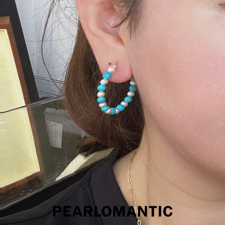 [Designer's Choice] Arizona Turquoise & Freshwater Pearl Ocean Bubble Earring Hoops