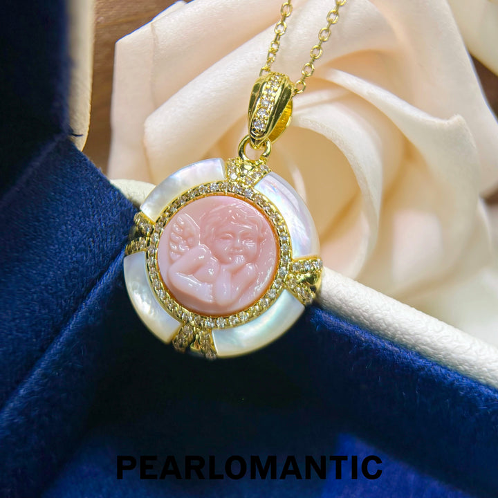 [Everyday Essentials] Angel Cameo Carved Conch Shell &amp; MOP Gold-Plated Pendant