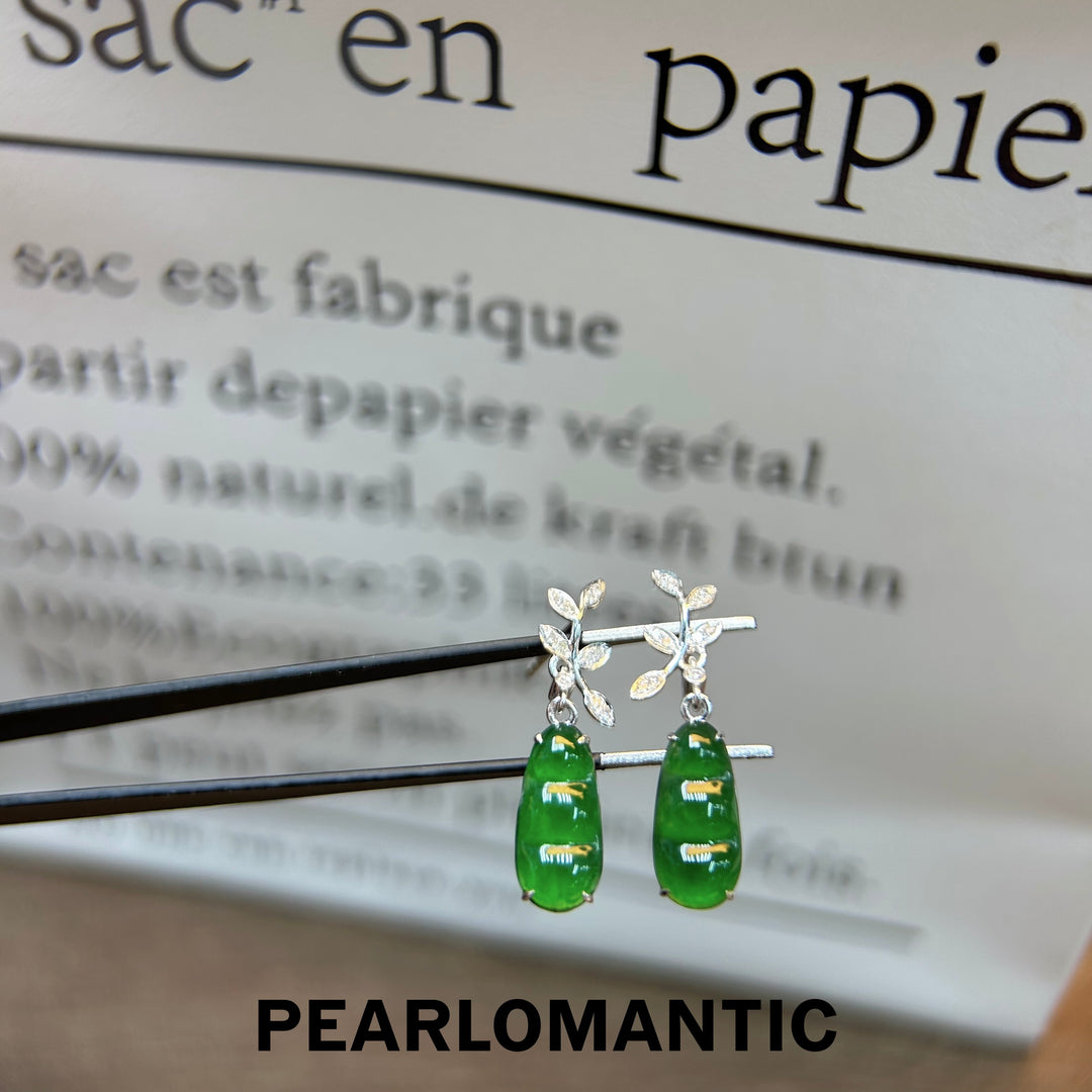 [Fine Jewelry] 18k White Gold Natural Jadeite Leaf Cut Earring w/ Diamond