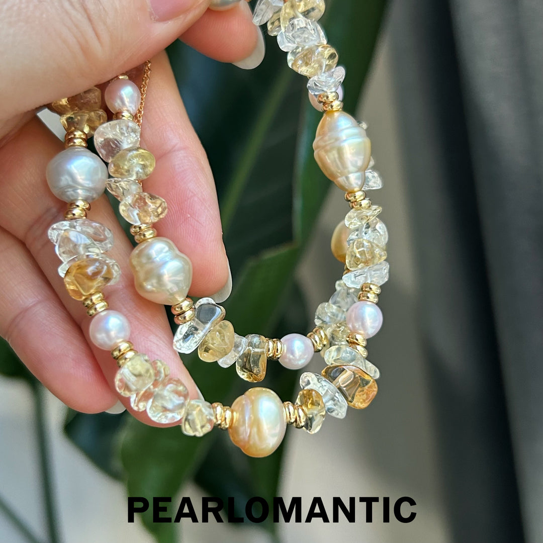 [Designer's Choice] Tri-Pearls One-of-Kind Golden Sunlight Adjustable Necklace w/ Silver