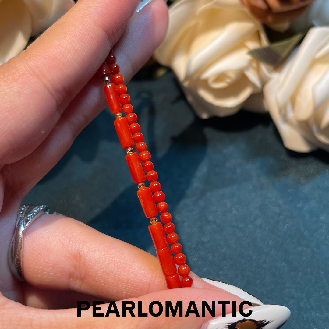 [Fine Jewelry] 18k Gold & Red Coral Doubale Layer Two Shapes Bracelets Adjustable
