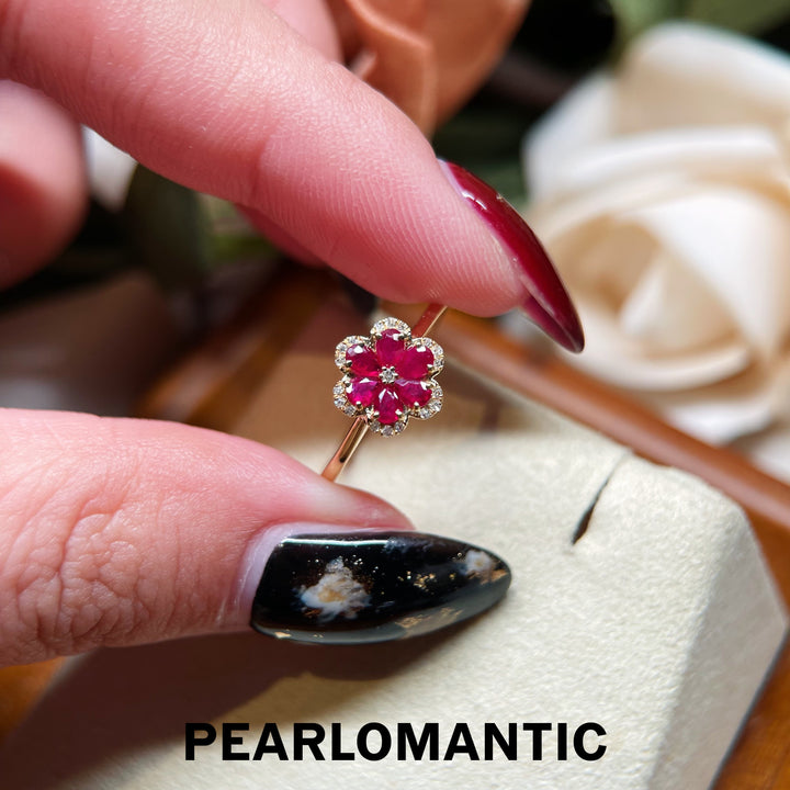 [Fine Jewelry] 18k Gold Ruby Floral Versatile Beauty Ring with Sparkling Diamonds