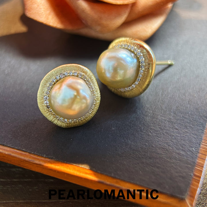 [Designer's Choice] Australian White Baroque Whisper of Gold Earring Studs w/ S925