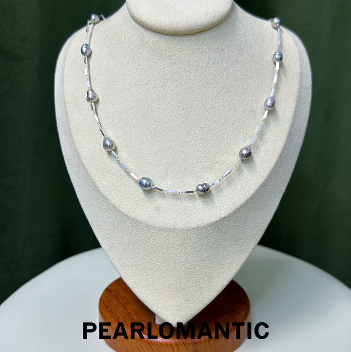 [Designer's Choice] Japan Made Silver 55cm Spaced Design w/ Tahitian Rare Keshi Pearl Necklace