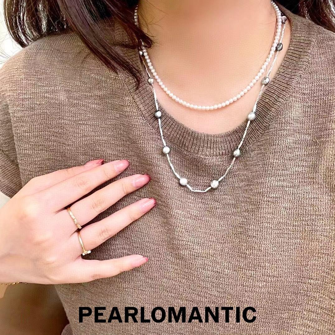 [Designer's Choice] Japan Made Silver 55cm Spaced Design w/ Tahitian Rare Keshi Pearl Necklace