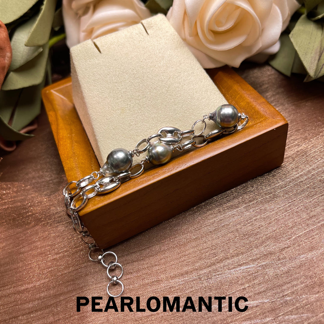 [Designer's Choice] Tahitian Black Baroque Pearl Piggy Nose Design Bracelet w/ S925 Silver