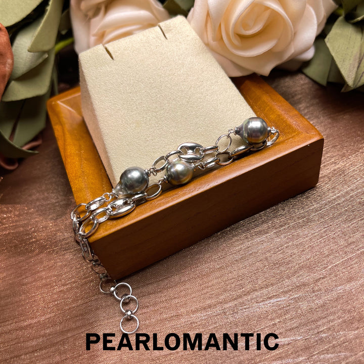 [Designer's Choice] Tahitian Black Baroque Pearl Piggy Nose Design Bracelet w/ S925 Silver