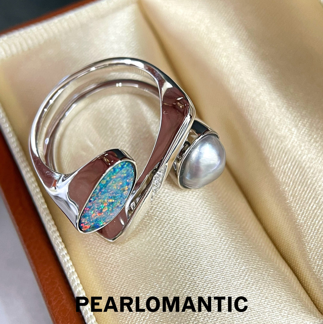 [Designer's Choice] Tahitian Keshi Pearl & Australian Opal Twisted Teardrop S925 Ring
