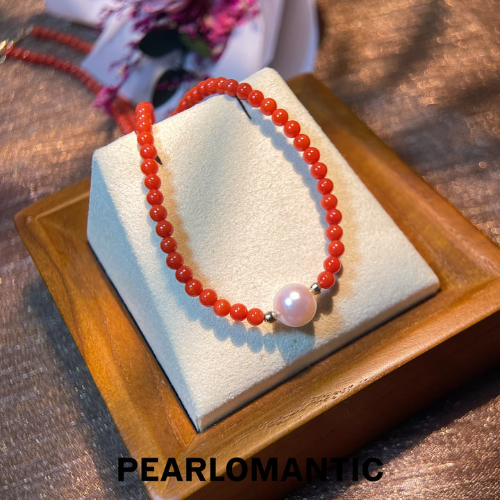 [Fine Jewelry] 7-7.5mm Akoya Top Level + Japan Coral 3.1-3.2mm Necklace 18k Tail Chain Adjustable