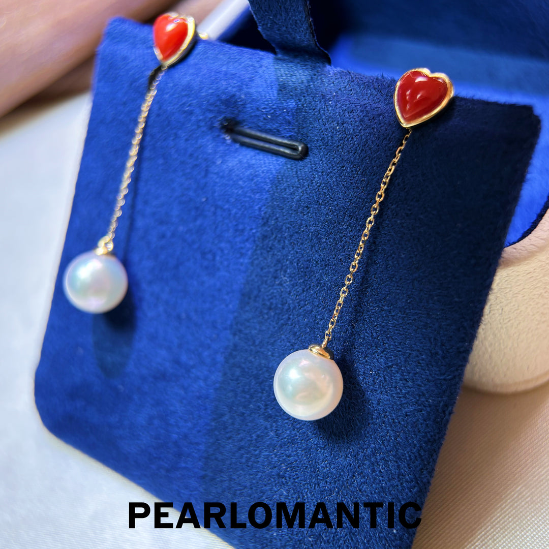 [Fine Jewelry] Red Heart Aka Coral &amp; Mirror-Luster Akoya Pearl 18K Earrings