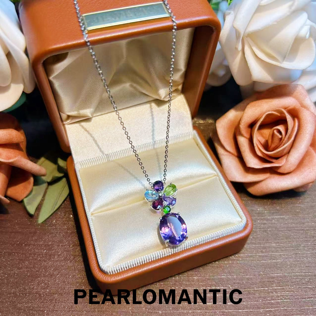 [Designer's Choice] S925 Silver Amethyst & Multi-Gem Floral Necklace w/ Silver Chain