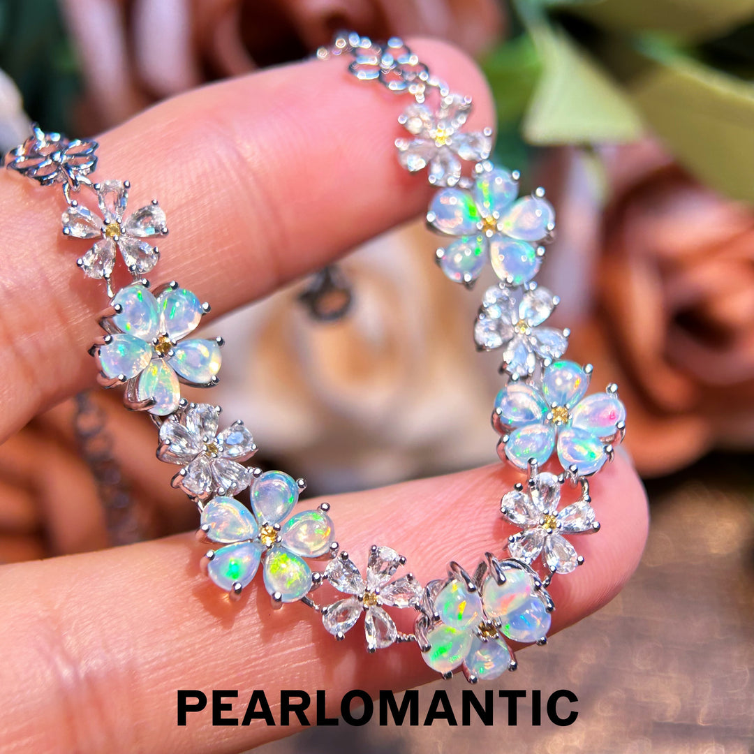 [Designer's Choice] Iridescent Opal & Rock Crystal Floral Bloom S925 Adjustable Bracelet