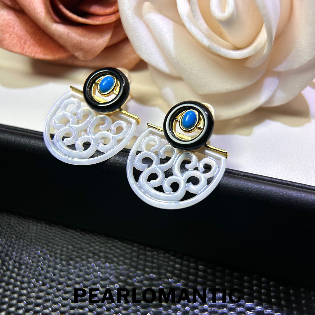 [618 Sale] Mother of Pearl Openwork Fan Earrings w/ Black Agate &amp; Turquoise