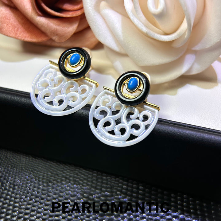 [618 Sale] Mother of Pearl Openwork Fan Earrings w/ Black Agate &amp; Turquoise