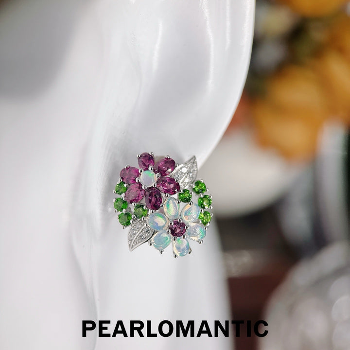 [Designer’s Choice] Antique Bloom Garnet Diopside &amp; Opal Floral Earrings