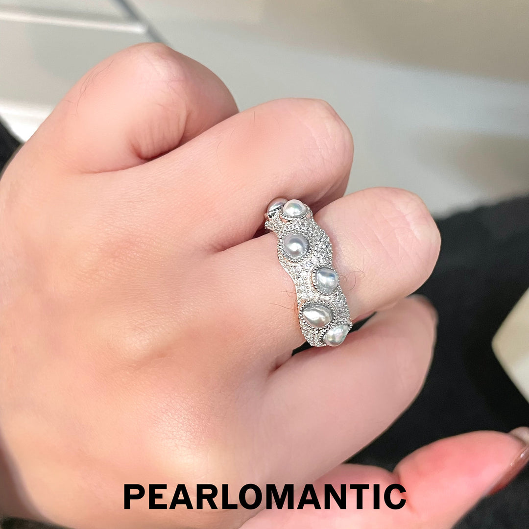 [Designer's Choice] Akoya Keshi Pearl Lustrous Pave-Set Textured S925 Adjustable Ring