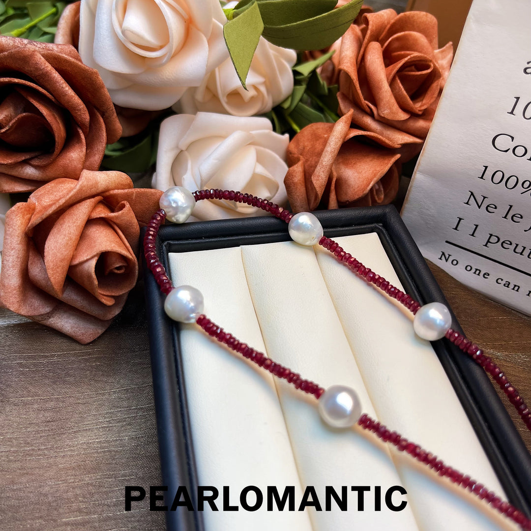 [Designer's Choice] 18k Gold & Australian White Baroque 8-10mm & Ruby Starry Necklace About 50cm