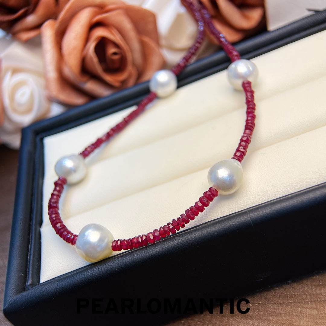 [Designer's Choice] 18k Gold & Australian White Baroque 8-10mm & Ruby Starry Necklace About 50cm