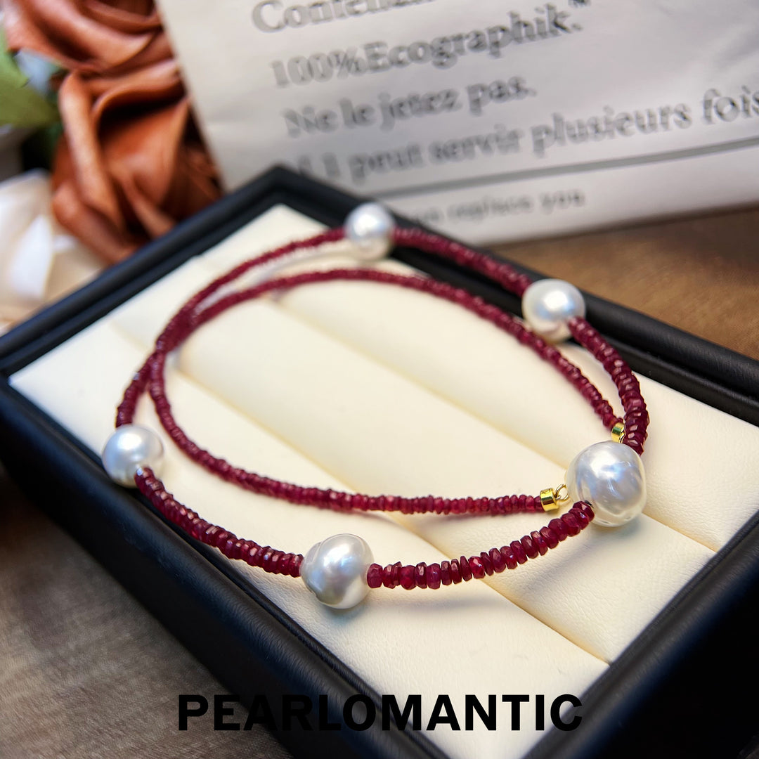 [Designer's Choice] 18k Gold & Australian White Baroque 8-10mm & Ruby Starry Necklace About 50cm