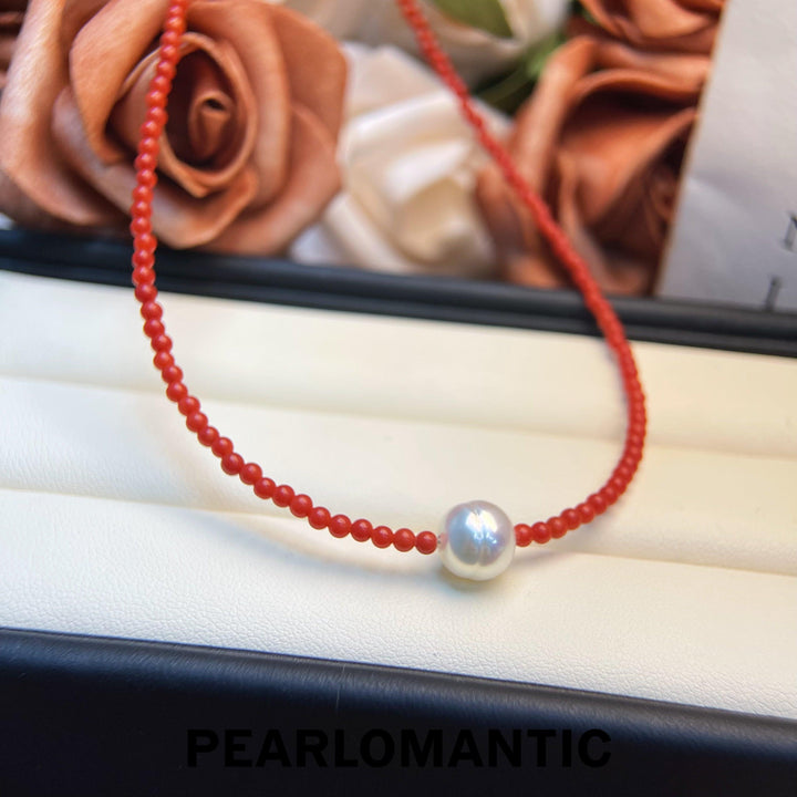 [Designer's Choice] Australian White Hulu Baroque Pearl 9mm + 2-3mm Coral Necklace