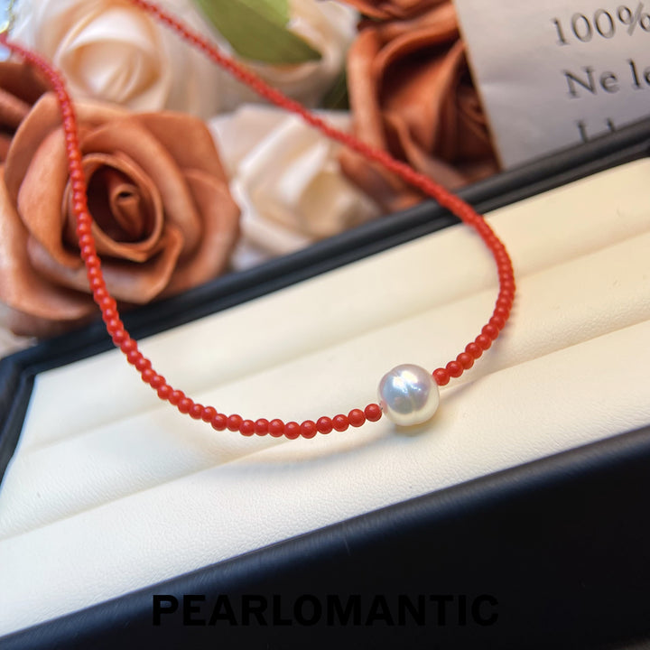 [Designer's Choice] Australian White Hulu Baroque Pearl 9mm + 2-3mm Coral Necklace