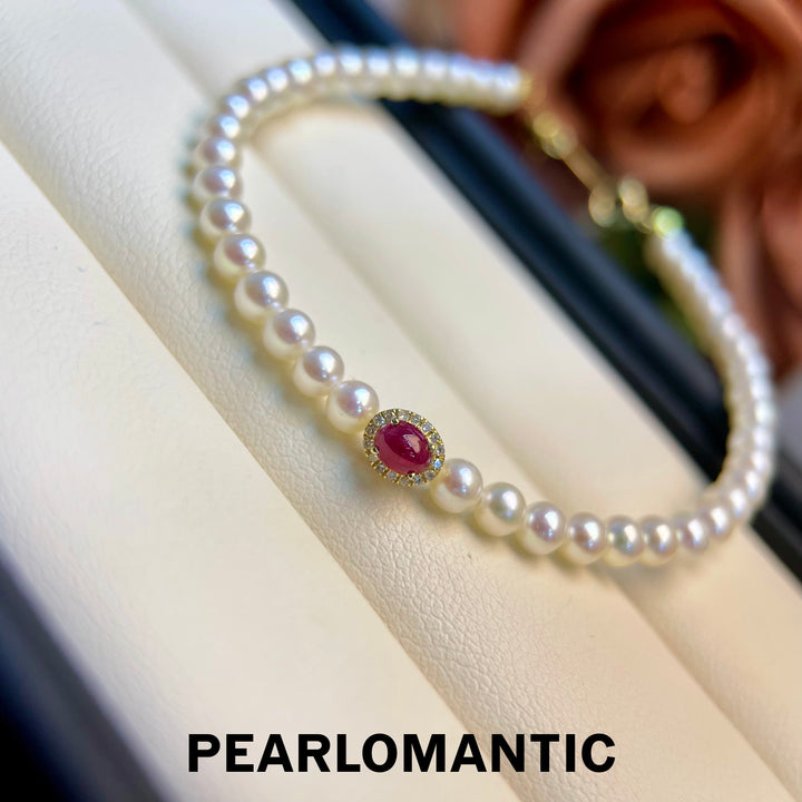 [Everyday Essential] Non-Heat Ruby & 18k Gold & Freshwater Baby Pearl Adjustable Bracelet