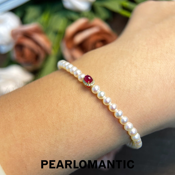 [Everyday Essential] Non-Heat Ruby & 18k Gold & Freshwater Baby Pearl Adjustable Bracelet