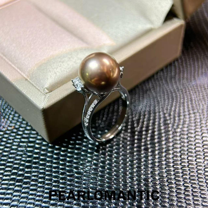 [Elección del diseñador] Anillo de perlas metálicas raras de emperatriz de bronce único de 12.4 mm con plata S925