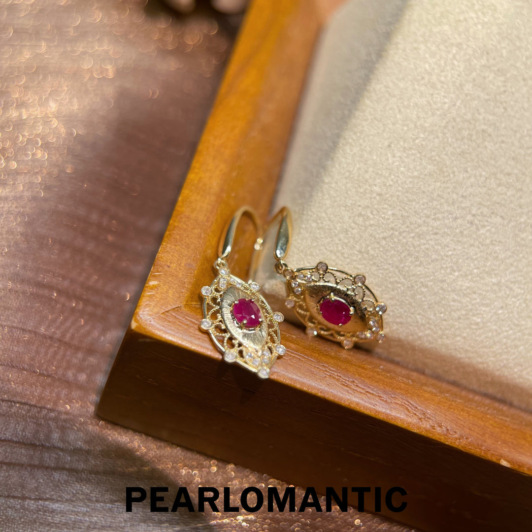 [Fine Jewelry] 18k Gold & Ruby & Diamonds Vintage Filigree Drop Earrings