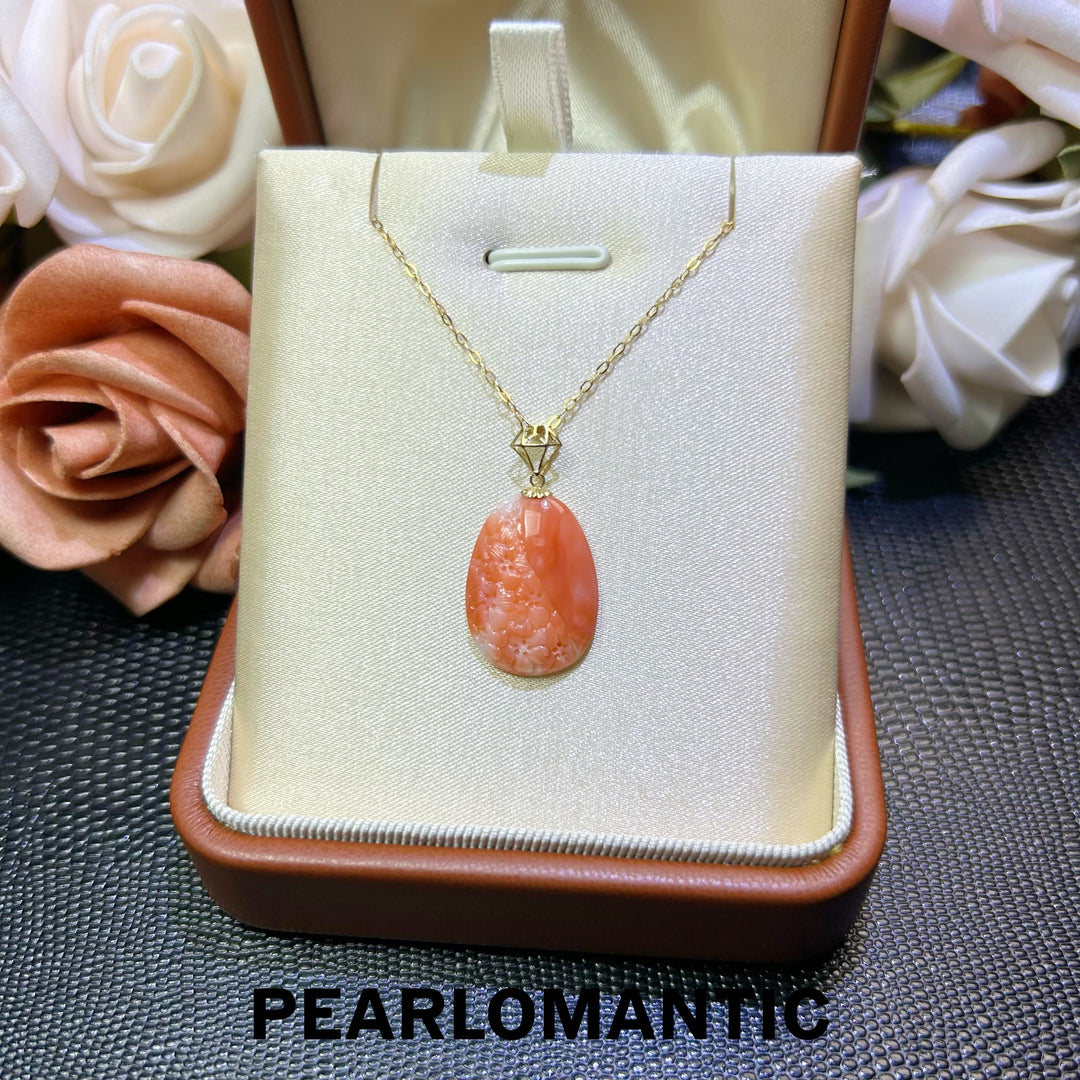 [618 Sale] Japan Made Pink Coral Floral Carved Pendant in 18K Gold