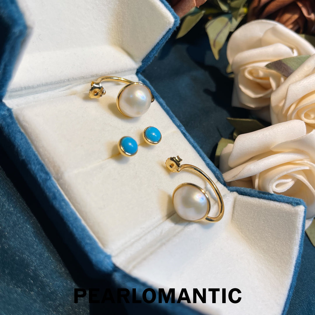 [Designer's Choice] Ocean Split Mabe Pearl Meets Turquoise Earrings & Rings Silver w/ Gold
